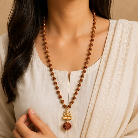 Gold-Plated Rudraksha Shiva Damroo Trishool Necklace