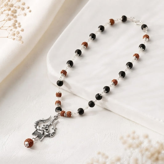 Rudraksha Karungali Mala in Silver-Cap with Shiv Trishul & Rudraksha Pendant