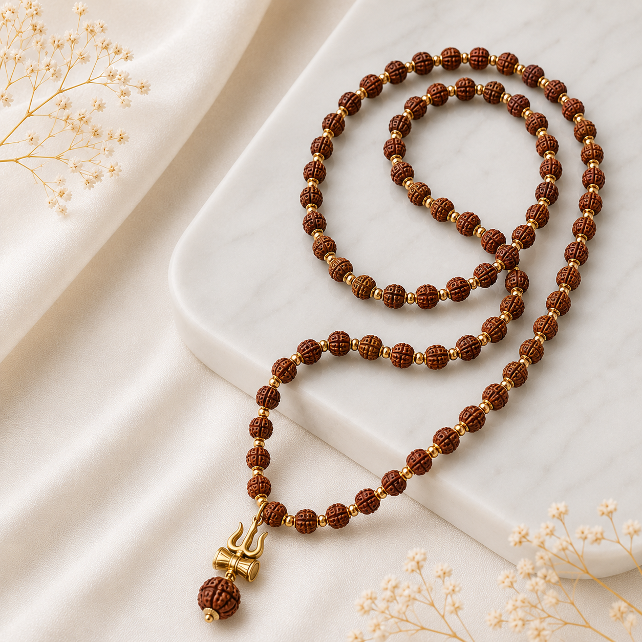 Gold-Plated Rudraksha Shiva Damroo Trishool Necklace